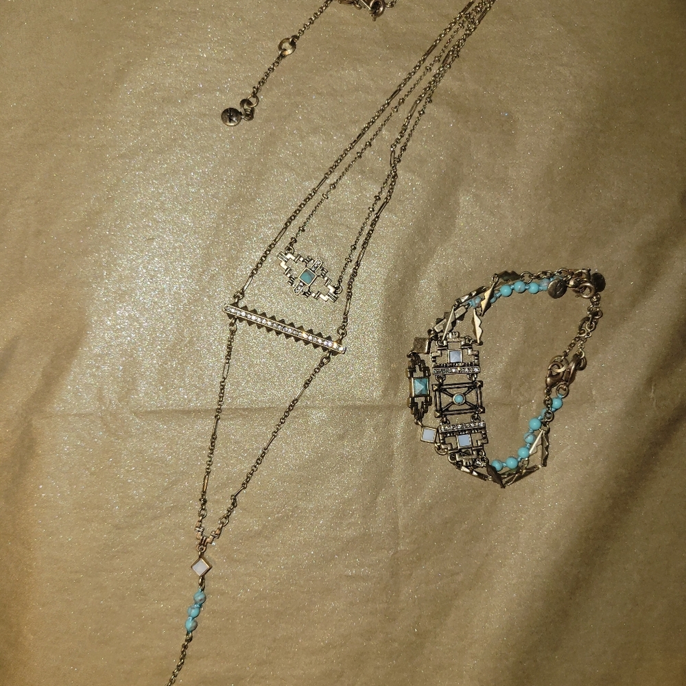 SET Chloe+Isabel StepwellSemi-Precious Turquoise Necklace,  Bracelet, Ring Sz 8